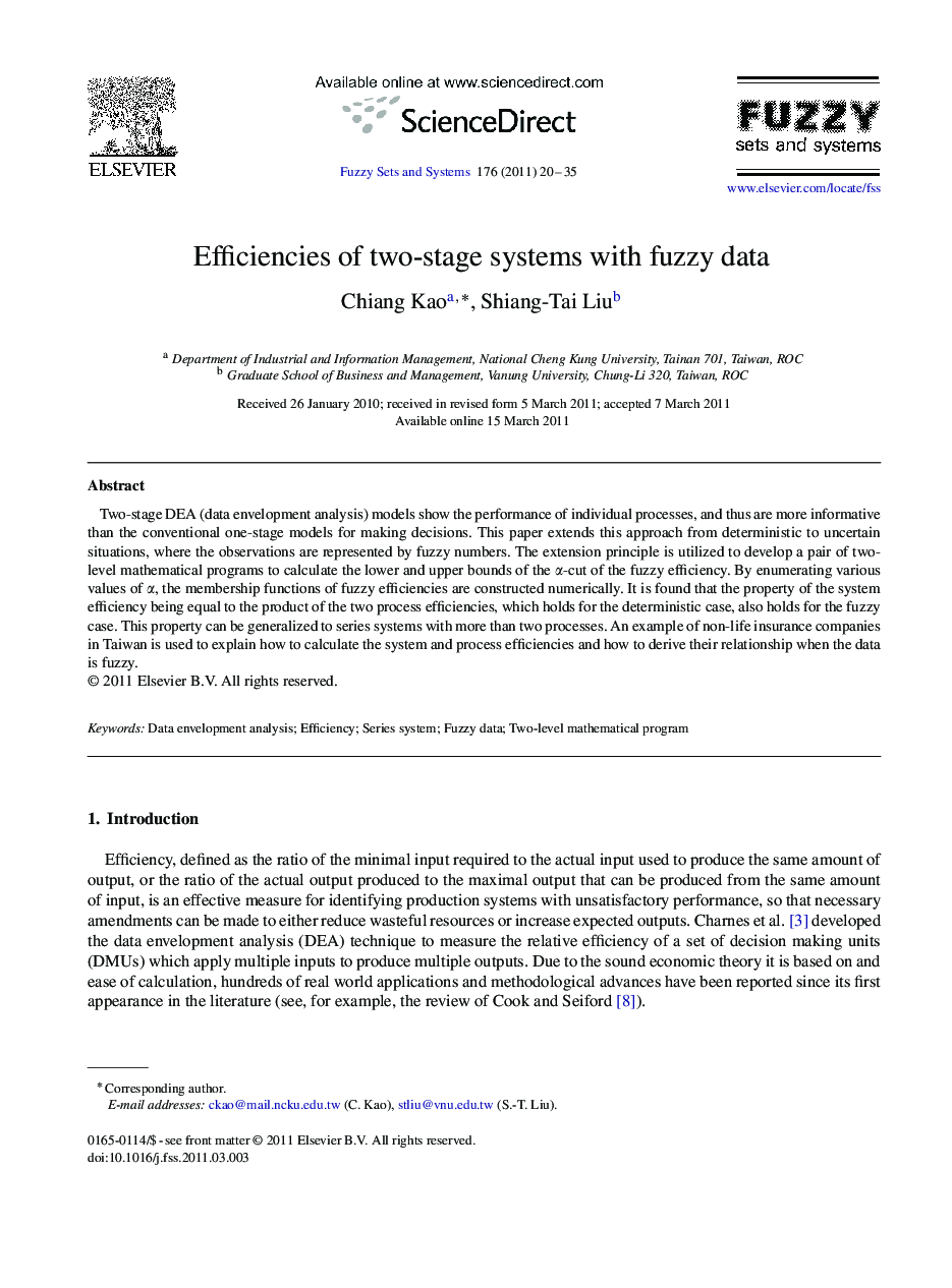 Efficiencies of two-stage systems with fuzzy data