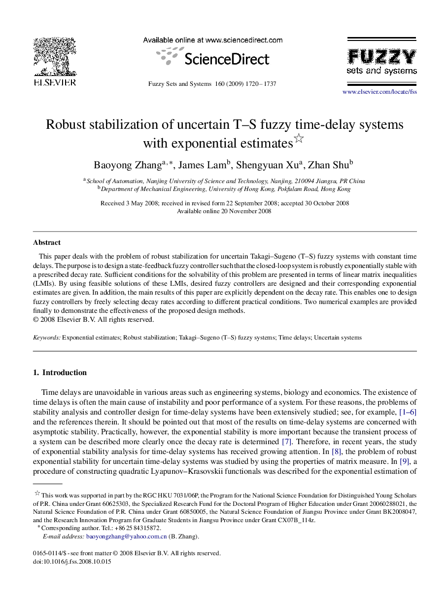 Robust stabilization of uncertain T–S fuzzy time-delay systems with exponential estimates 