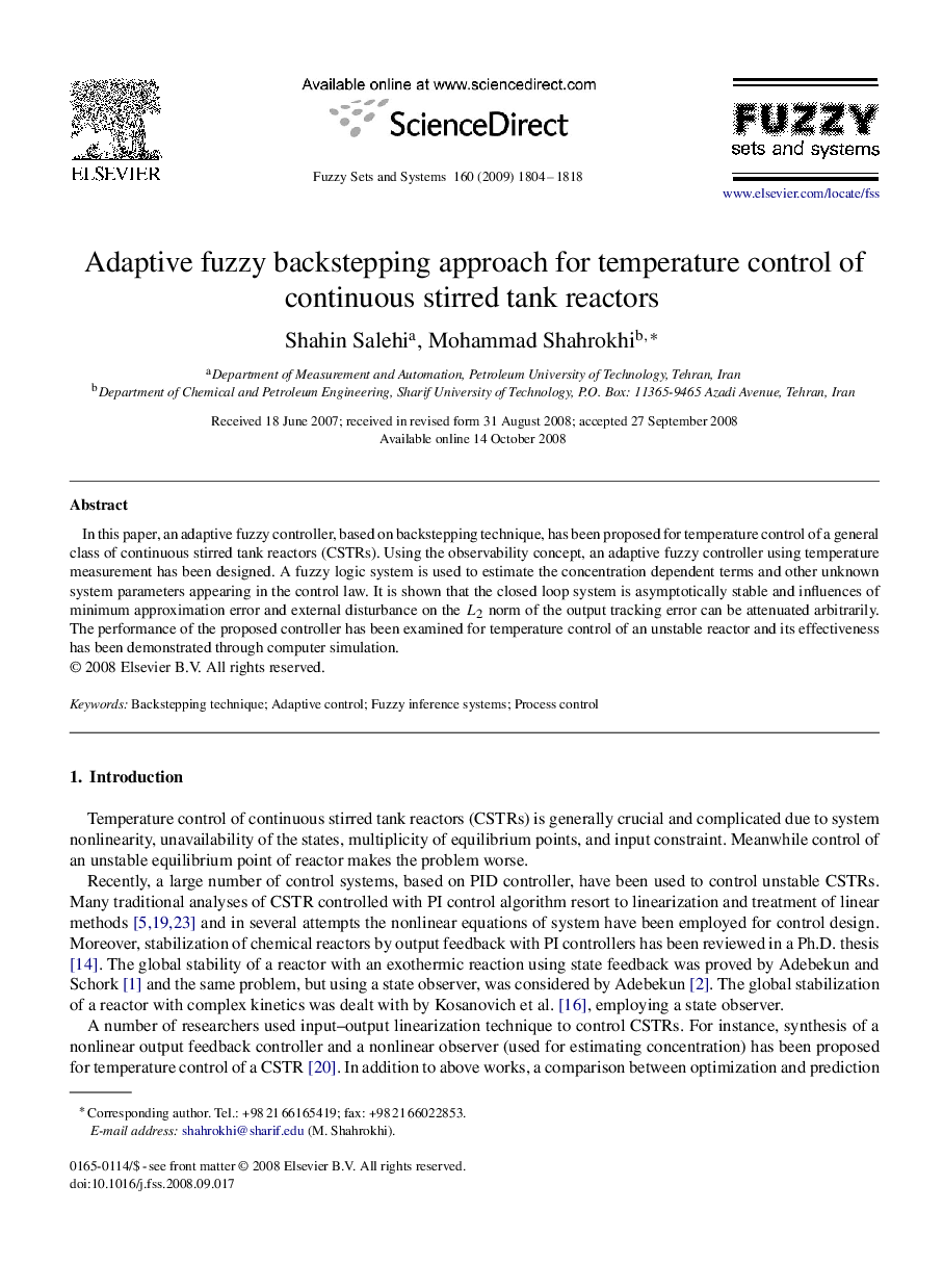 Adaptive fuzzy backstepping approach for temperature control of continuous stirred tank reactors