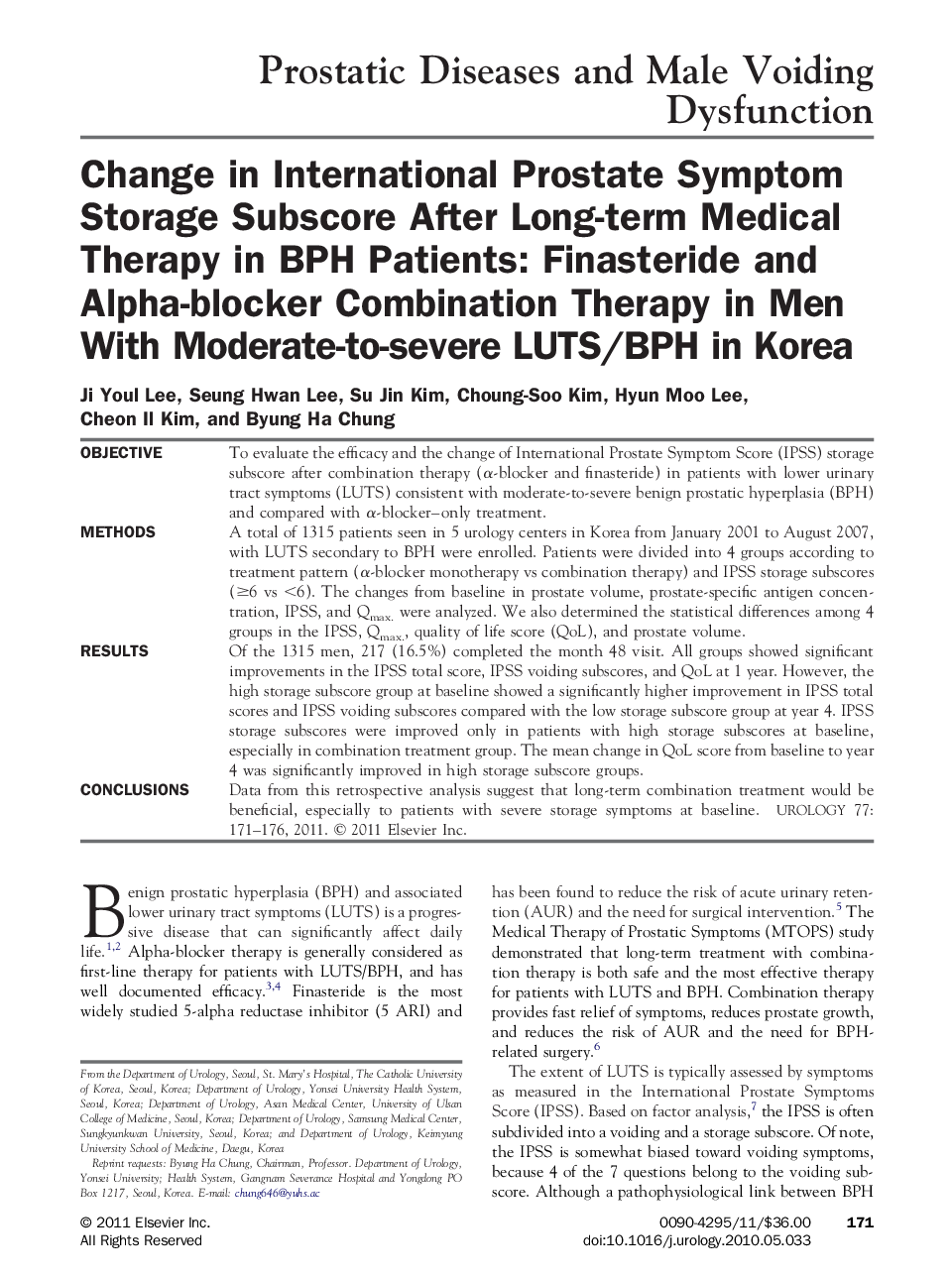 Change in International Prostate Symptom Storage Subscore After Long-term Medical Therapy in BPH Patients: Finasteride and Alpha-blocker Combination Therapy in Men With Moderate-to-severe LUTS/BPH in Korea