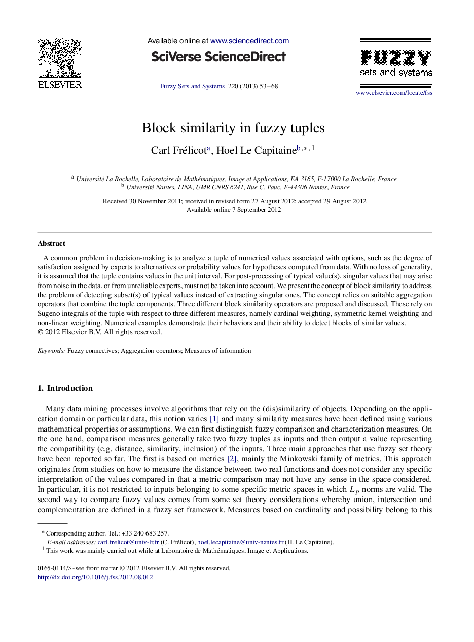 Block similarity in fuzzy tuples