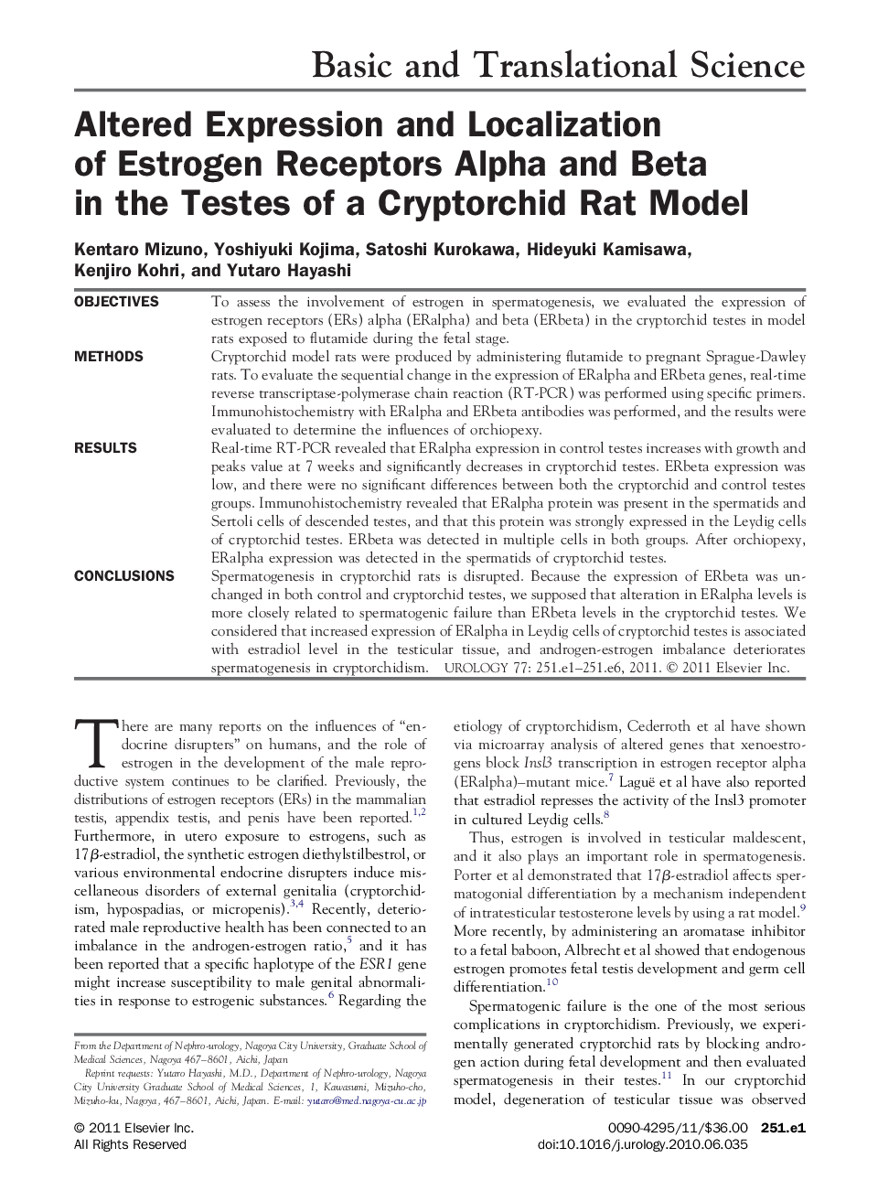 Altered Expression and Localization of Estrogen Receptors Alpha and Beta in the Testes of a Cryptorchid Rat Model