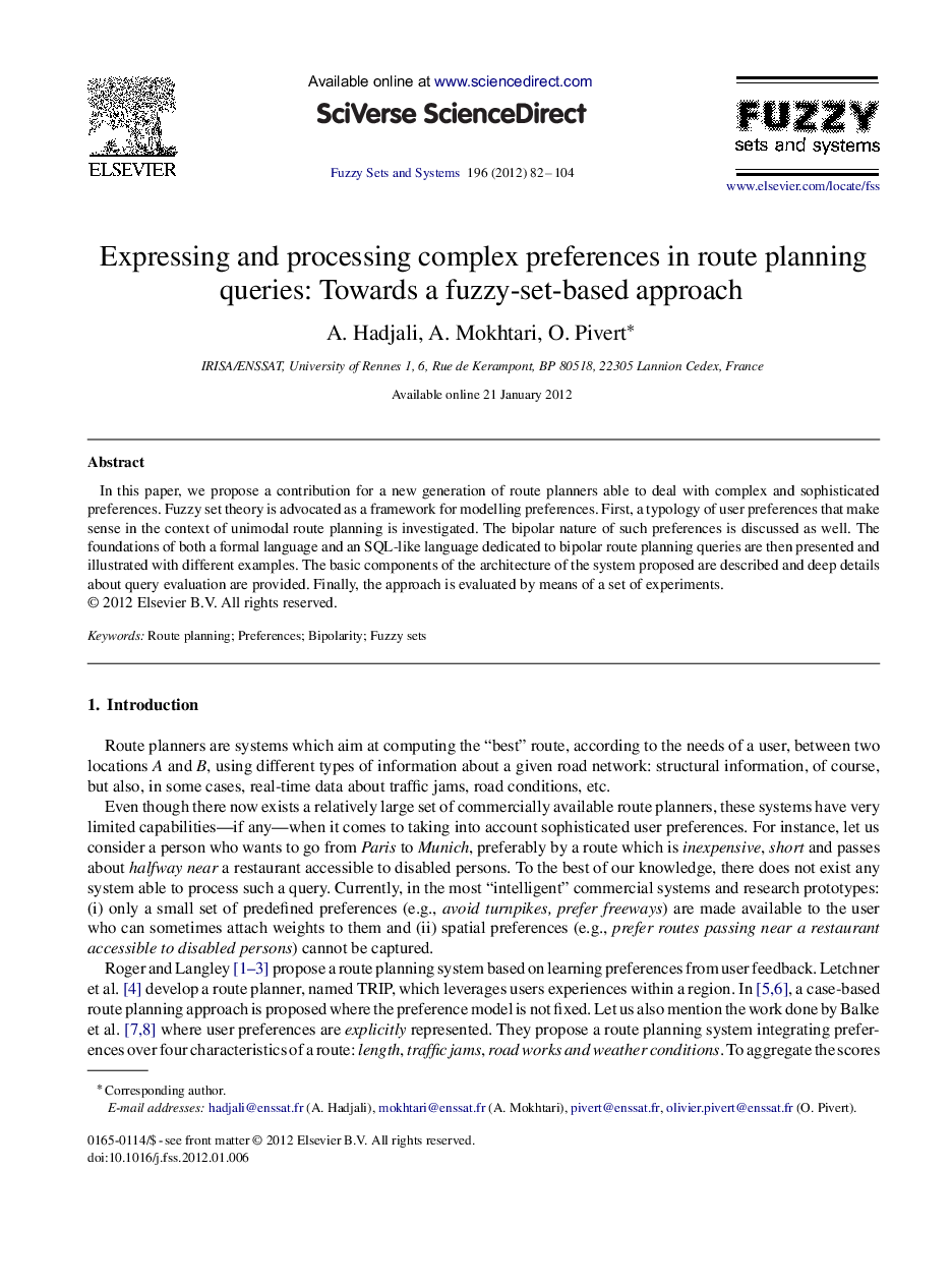 Expressing and processing complex preferences in route planning queries: Towards a fuzzy-set-based approach