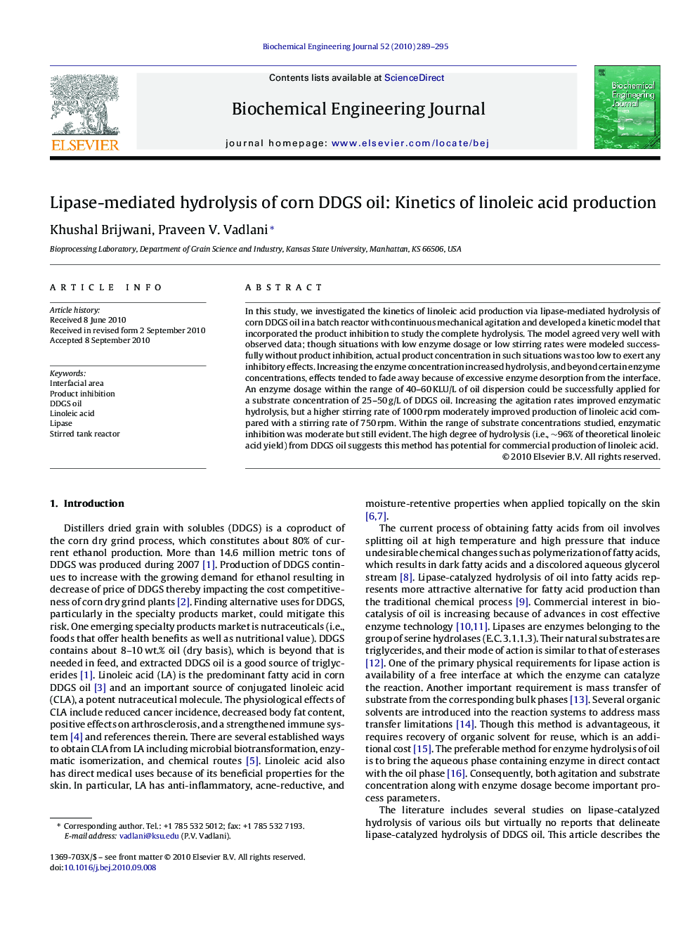 Lipase-mediated hydrolysis of corn DDGS oil: Kinetics of linoleic acid production