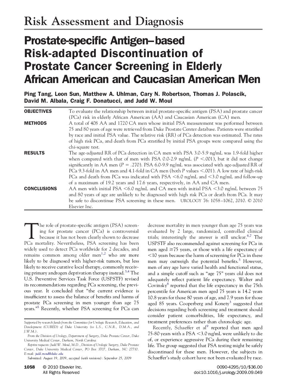 Prostate-specific Antigen–based Risk-adapted Discontinuation of Prostate Cancer Screening in Elderly African American and Caucasian American Men 