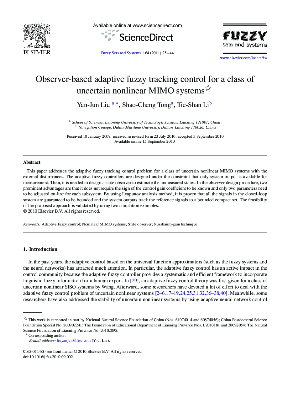 Observer-based adaptive fuzzy tracking control for a class of uncertain nonlinear MIMO systems 