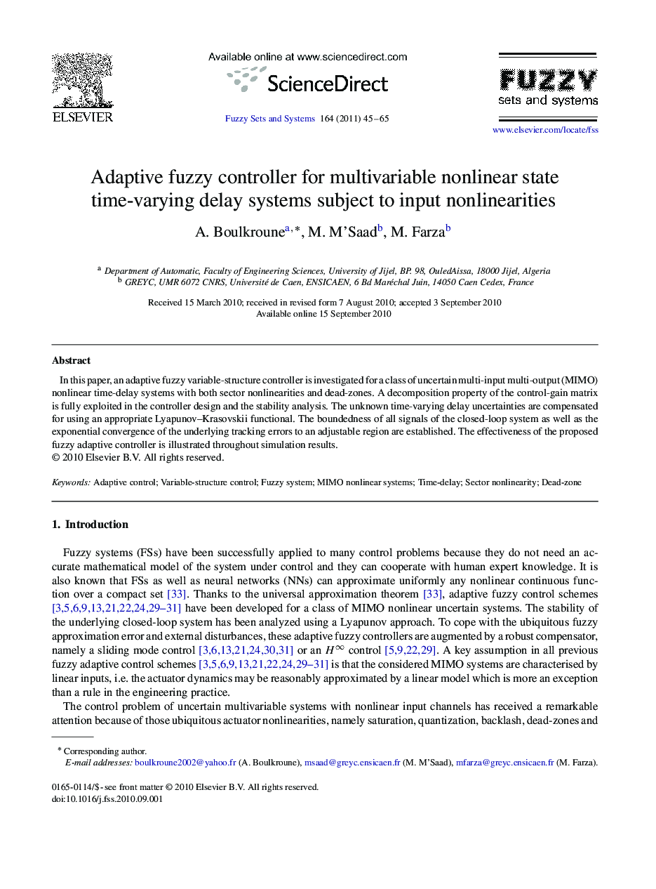 Adaptive fuzzy controller for multivariable nonlinear state time-varying delay systems subject to input nonlinearities