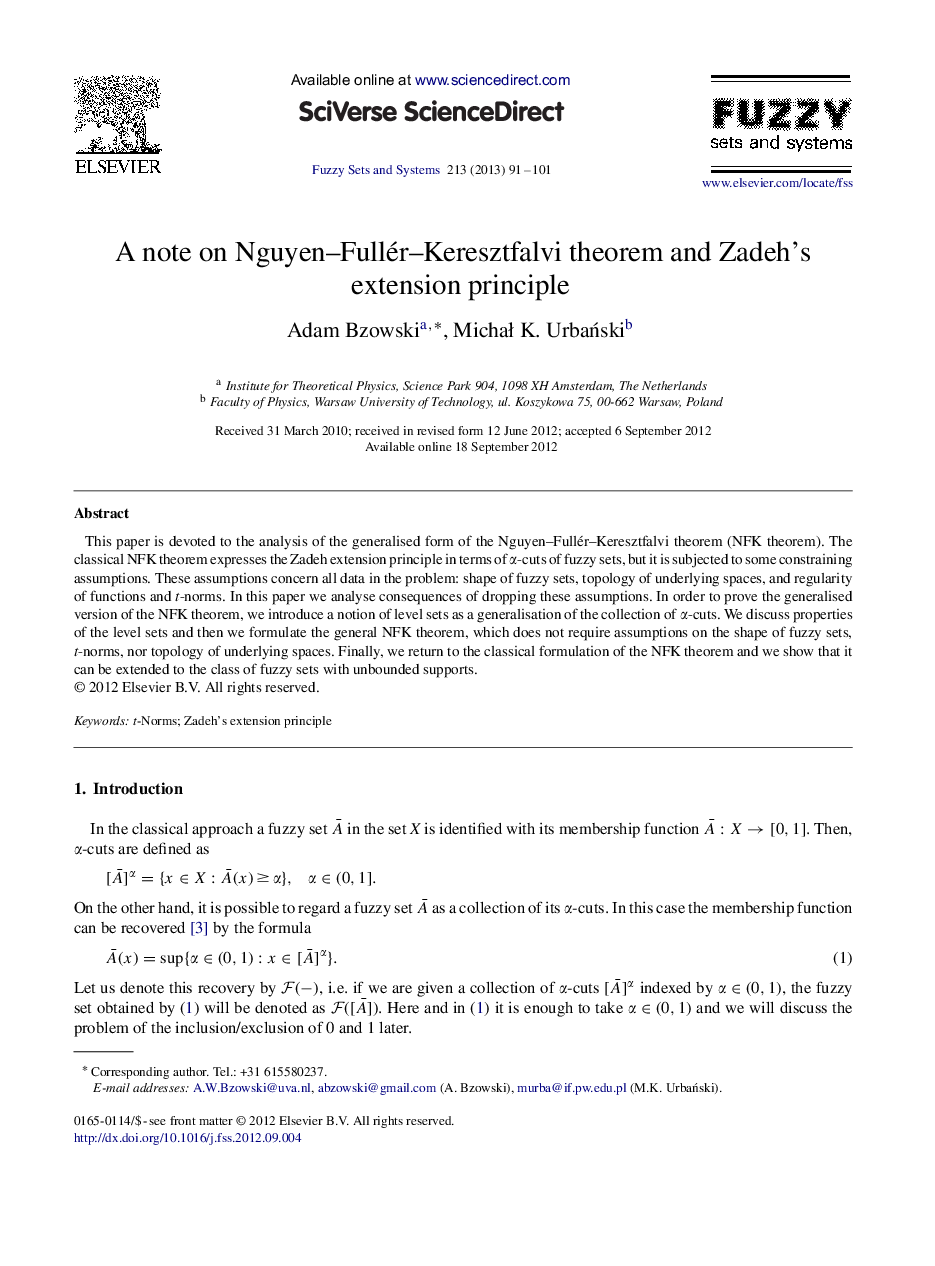 A note on Nguyen–Fullér–Keresztfalvi theorem and Zadeh's extension principle