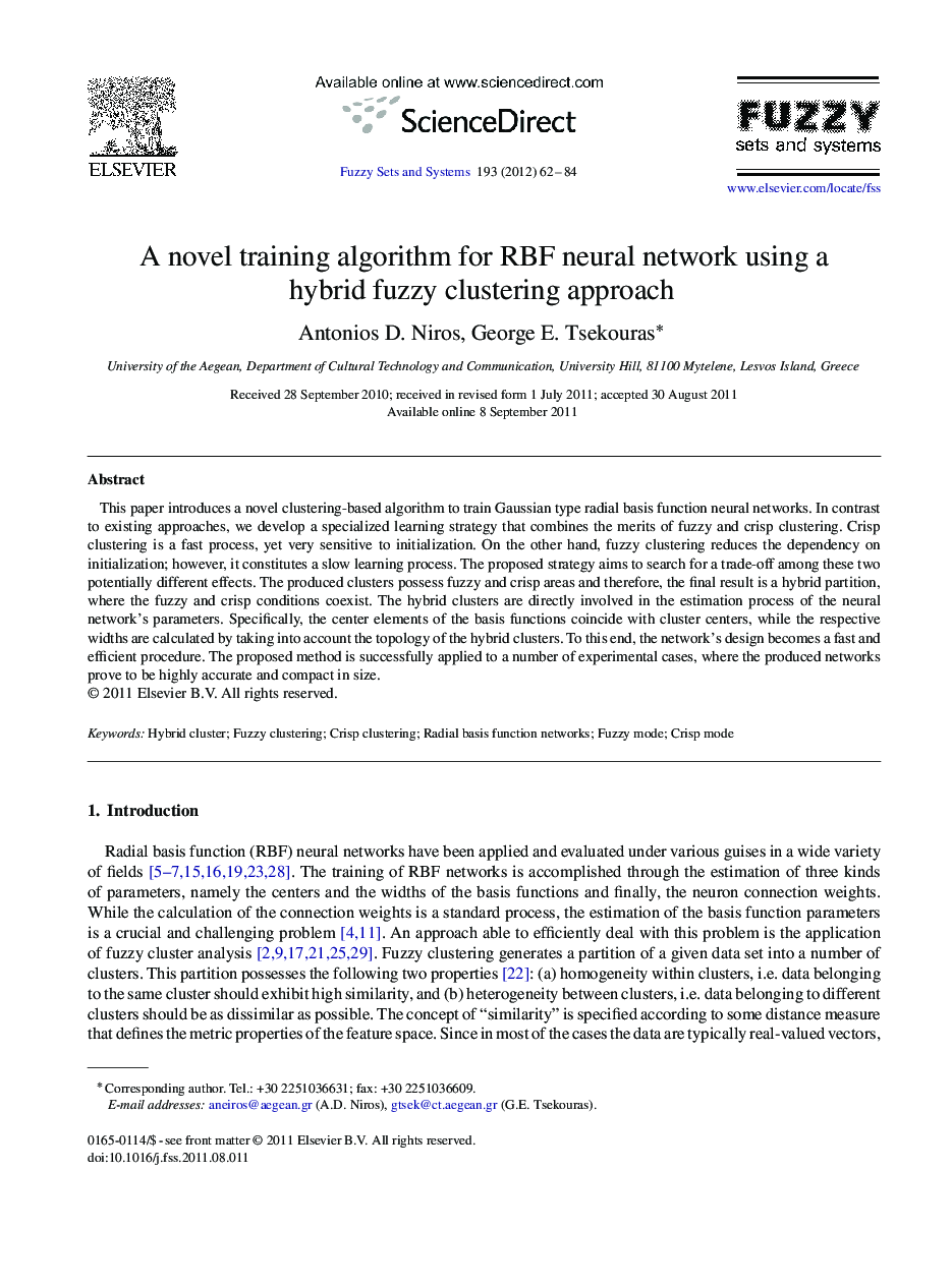 A novel training algorithm for RBF neural network using a hybrid fuzzy clustering approach