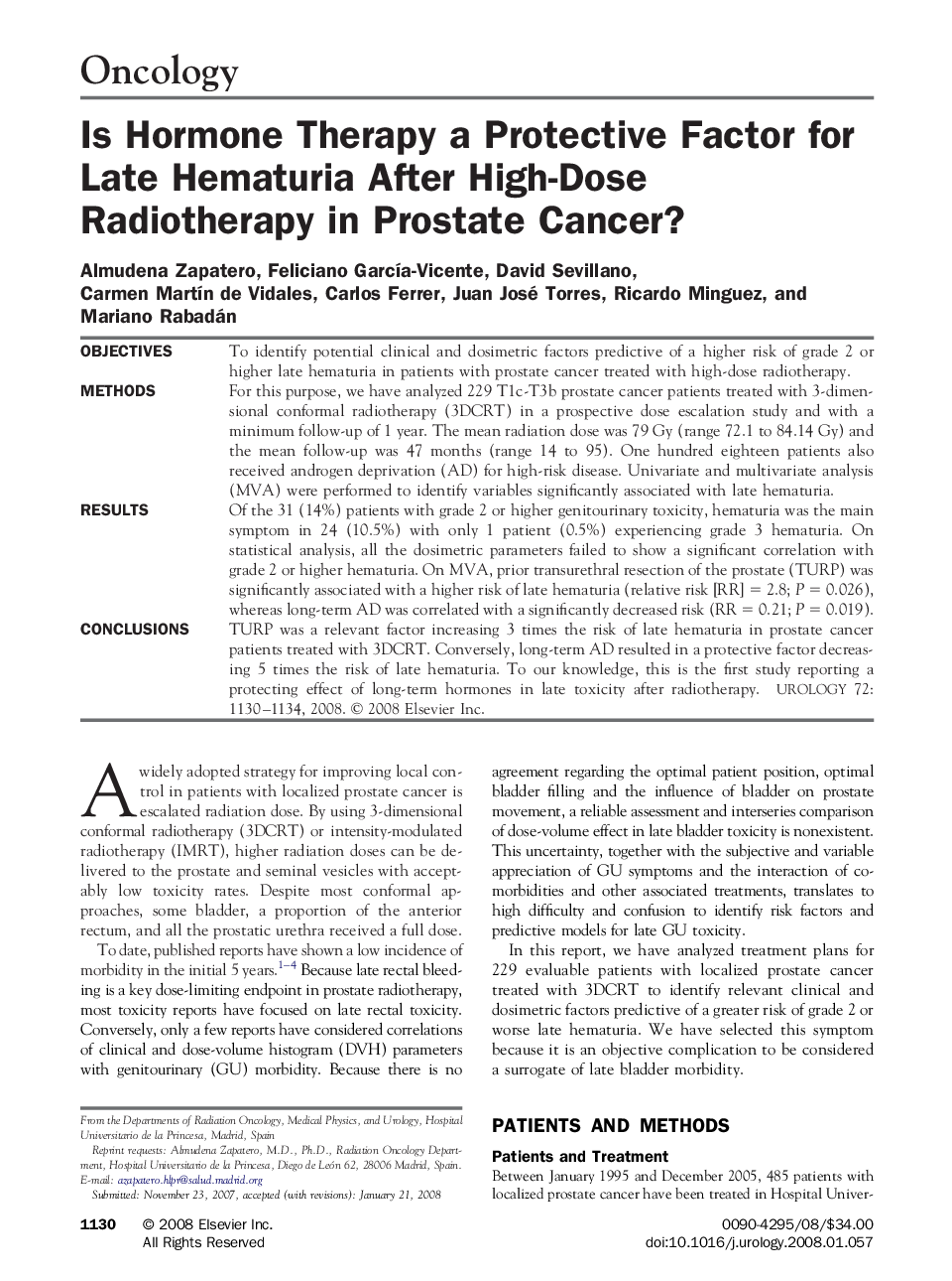 Is Hormone Therapy a Protective Factor for Late Hematuria After High-Dose Radiotherapy in Prostate Cancer?