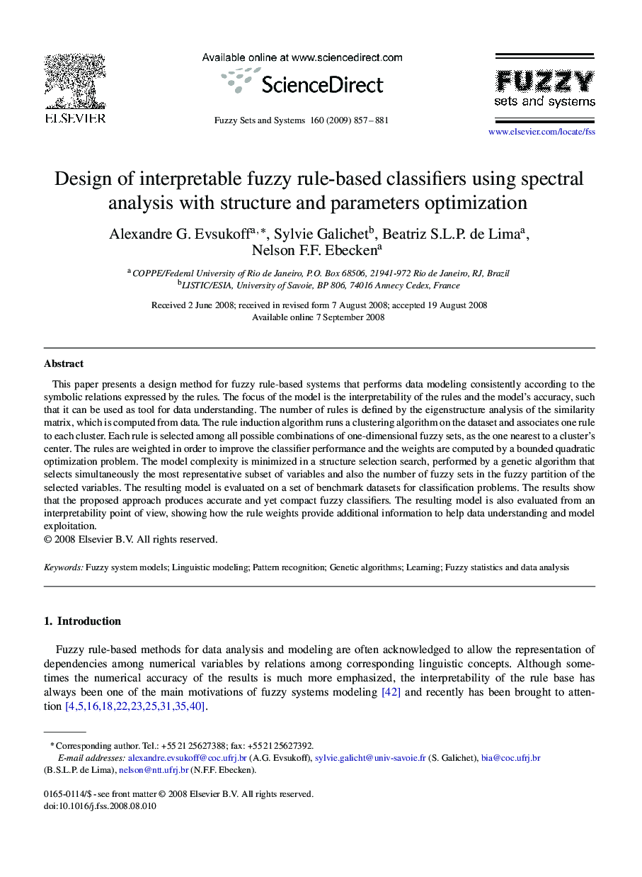 Design of interpretable fuzzy rule-based classifiers using spectral analysis with structure and parameters optimization