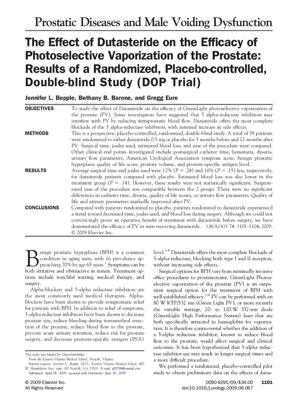 The Effect of Dutasteride on the Efficacy of Photoselective Vaporization of the Prostate: Results of a Randomized, Placebo-controlled, Double-blind Study (DOP Trial) 