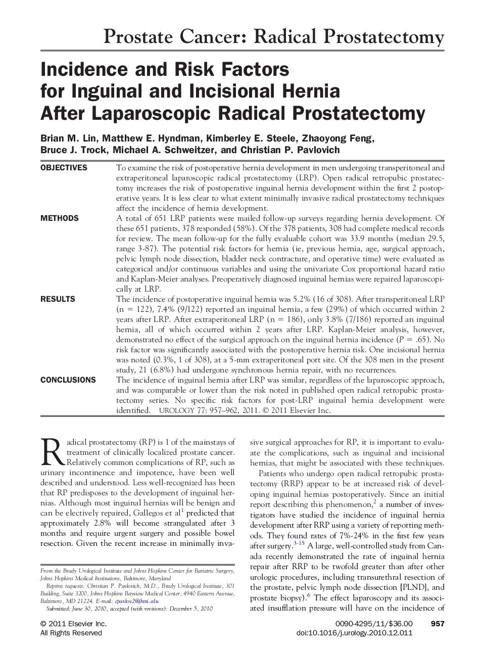 Incidence and Risk Factors for Inguinal and Incisional Hernia After Laparoscopic Radical Prostatectomy