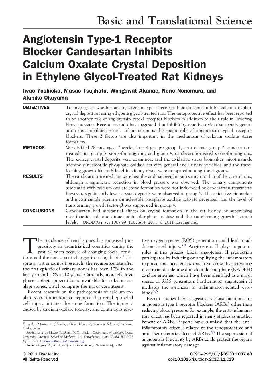 Angiotensin Type-1 Receptor Blocker Candesartan Inhibits Calcium Oxalate Crystal Deposition in Ethylene Glycol-Treated Rat Kidneys