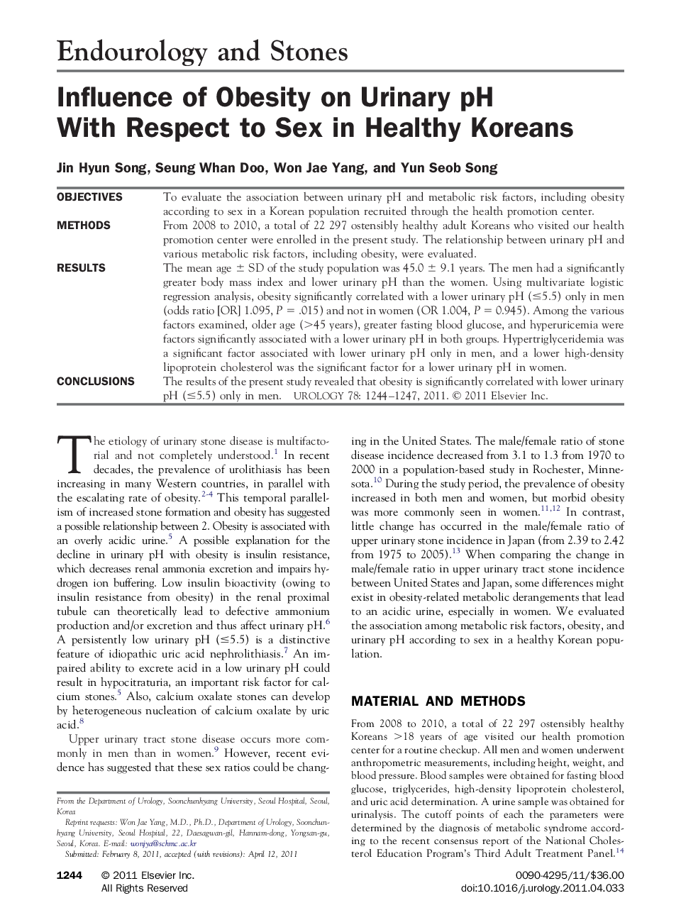 Influence of Obesity on Urinary pH With Respect to Sex in Healthy Koreans