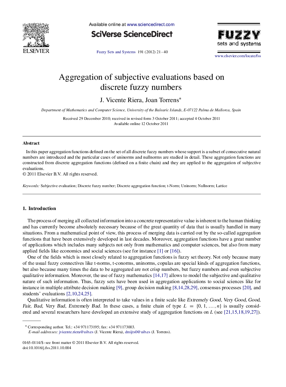 Aggregation of subjective evaluations based on discrete fuzzy numbers