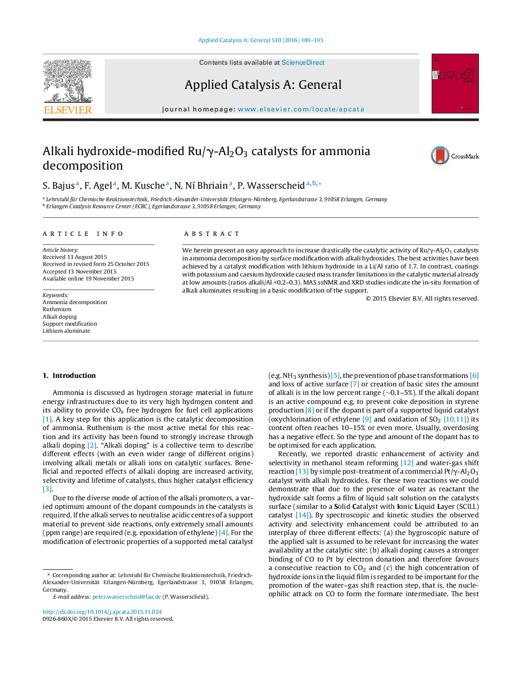 Alkali hydroxide-modified Ru/γ-Al2O3 catalysts for ammonia decomposition