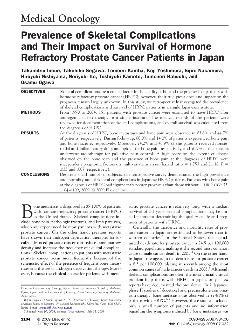 Prevalence of Skeletal Complications and Their Impact on Survival of Hormone Refractory Prostate Cancer Patients in Japan