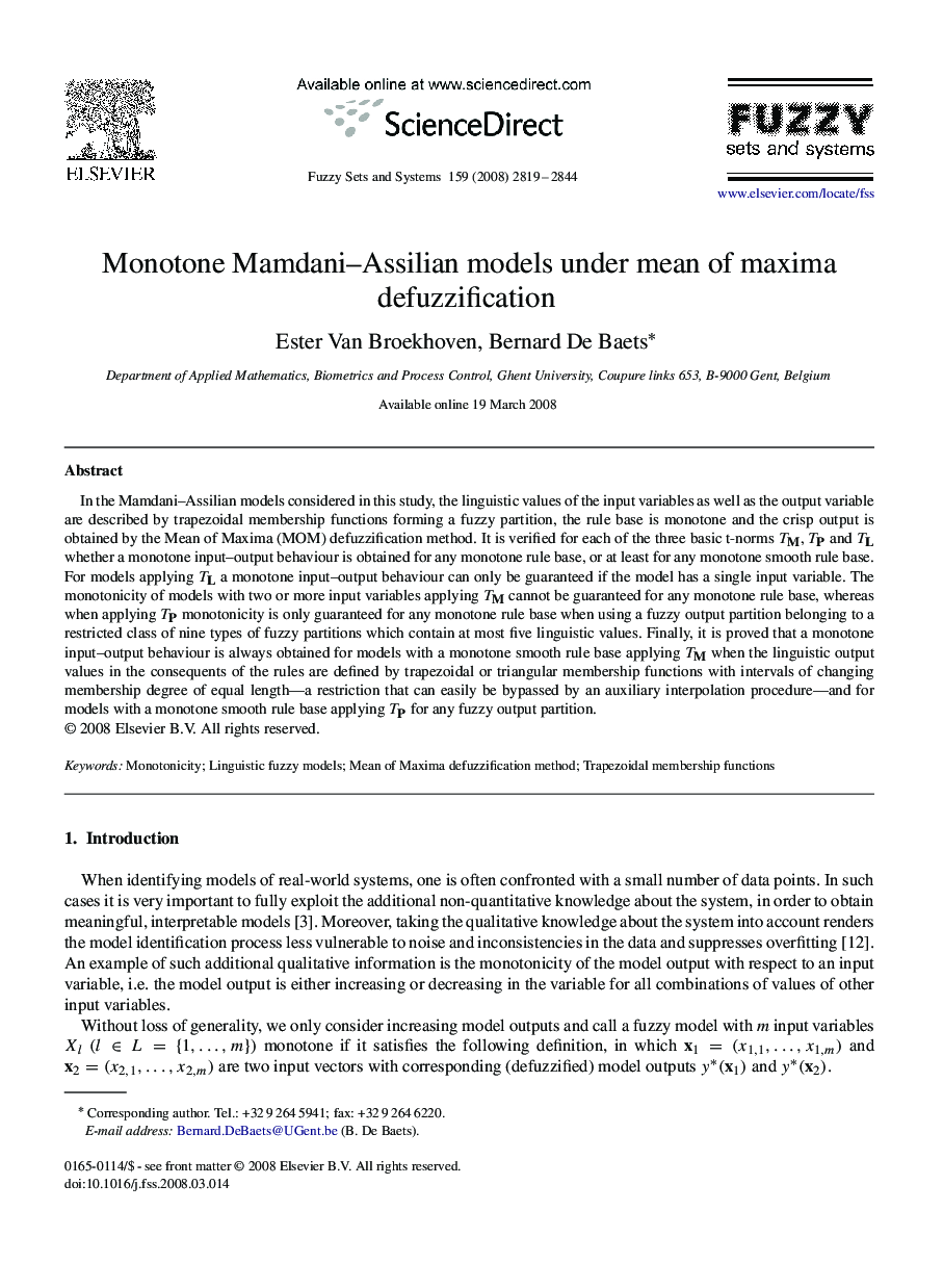 Monotone Mamdani–Assilian models under mean of maxima defuzzification