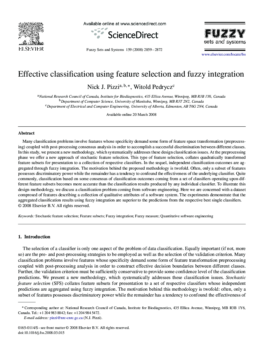 Effective classification using feature selection and fuzzy integration