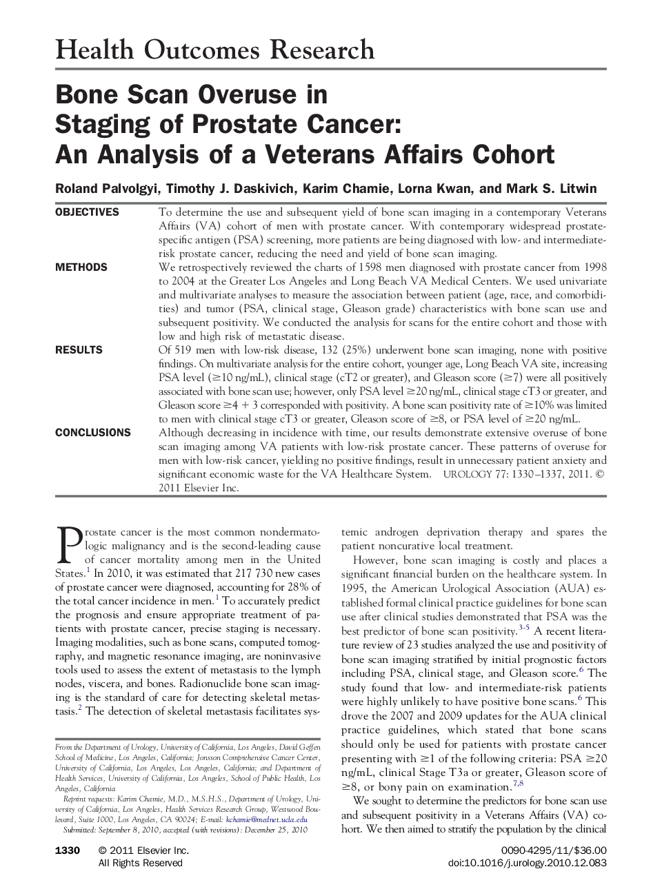 Bone Scan Overuse in Staging of Prostate Cancer: An Analysis of a Veterans Affairs Cohort