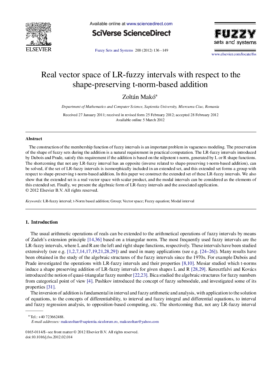 Real vector space of LR-fuzzy intervals with respect to the shape-preserving t-norm-based addition