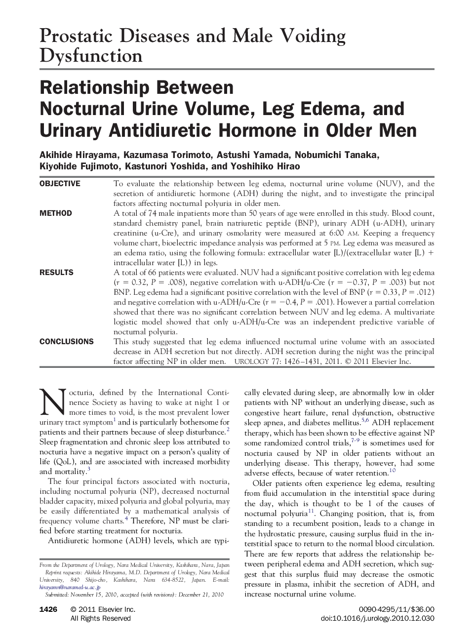 Relationship Between Nocturnal Urine Volume, Leg Edema, and Urinary Antidiuretic Hormone in Older Men