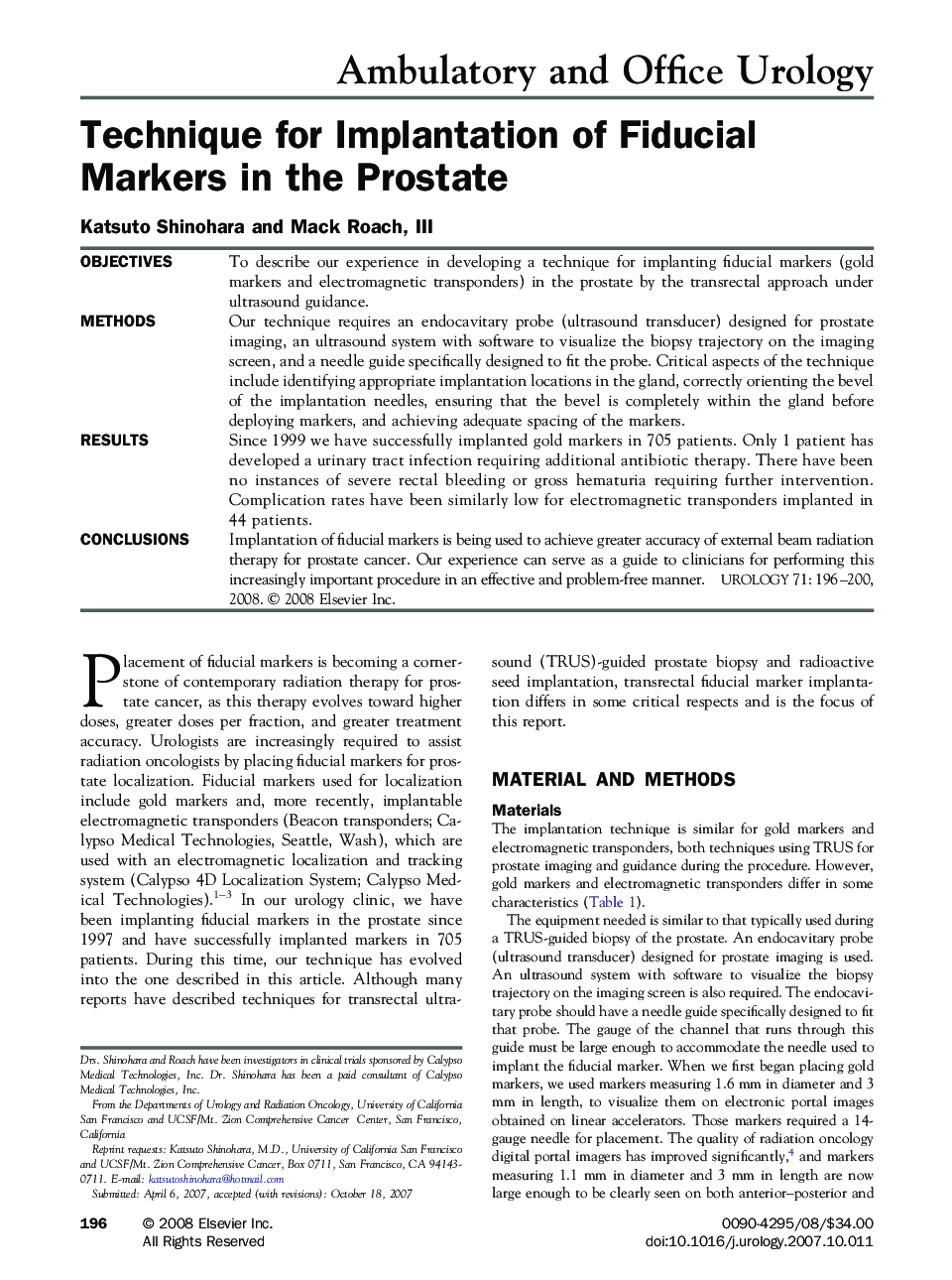 Technique for Implantation of Fiducial Markers in the Prostate