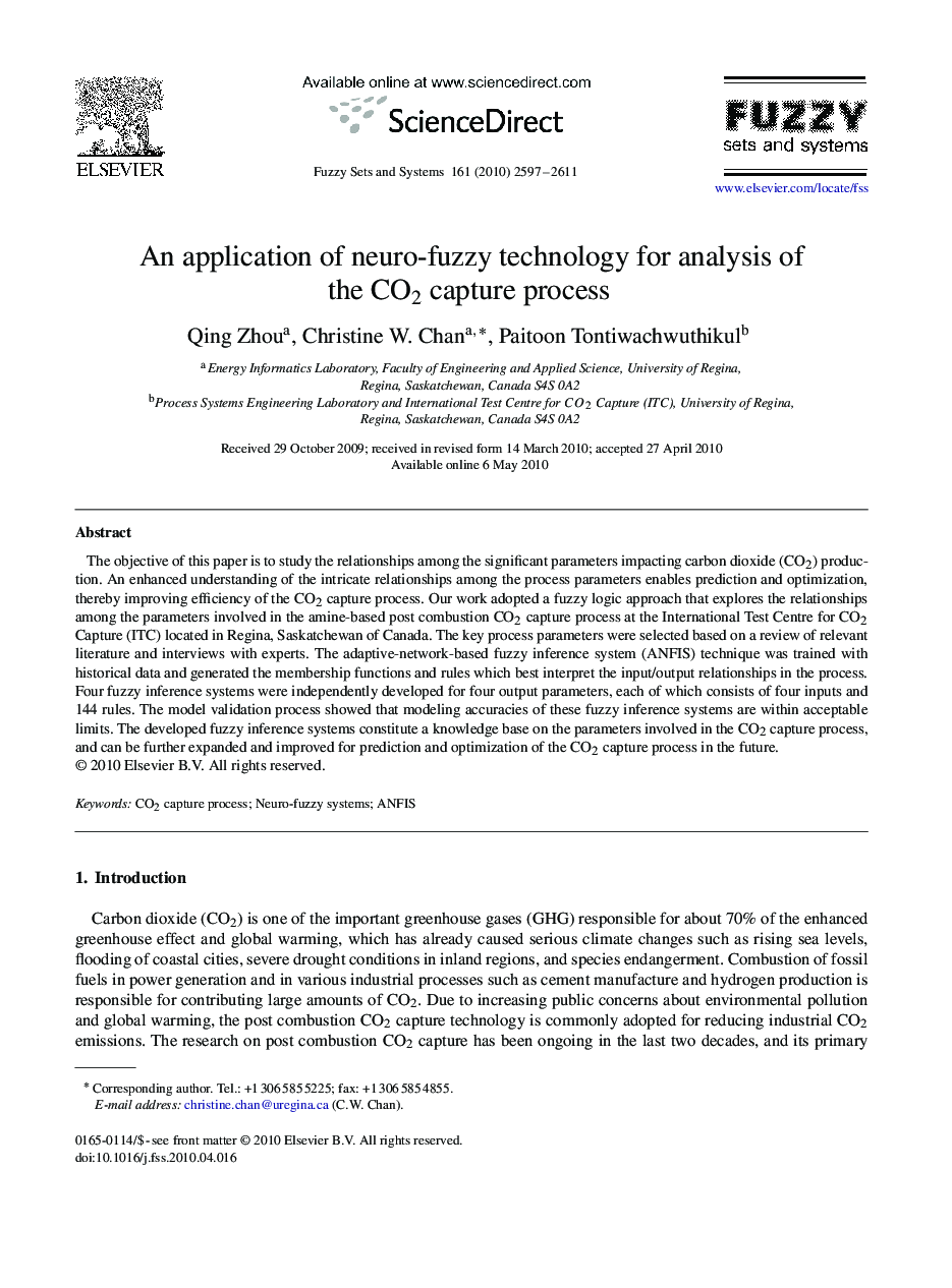 An application of neuro-fuzzy technology for analysis of the CO2 capture process