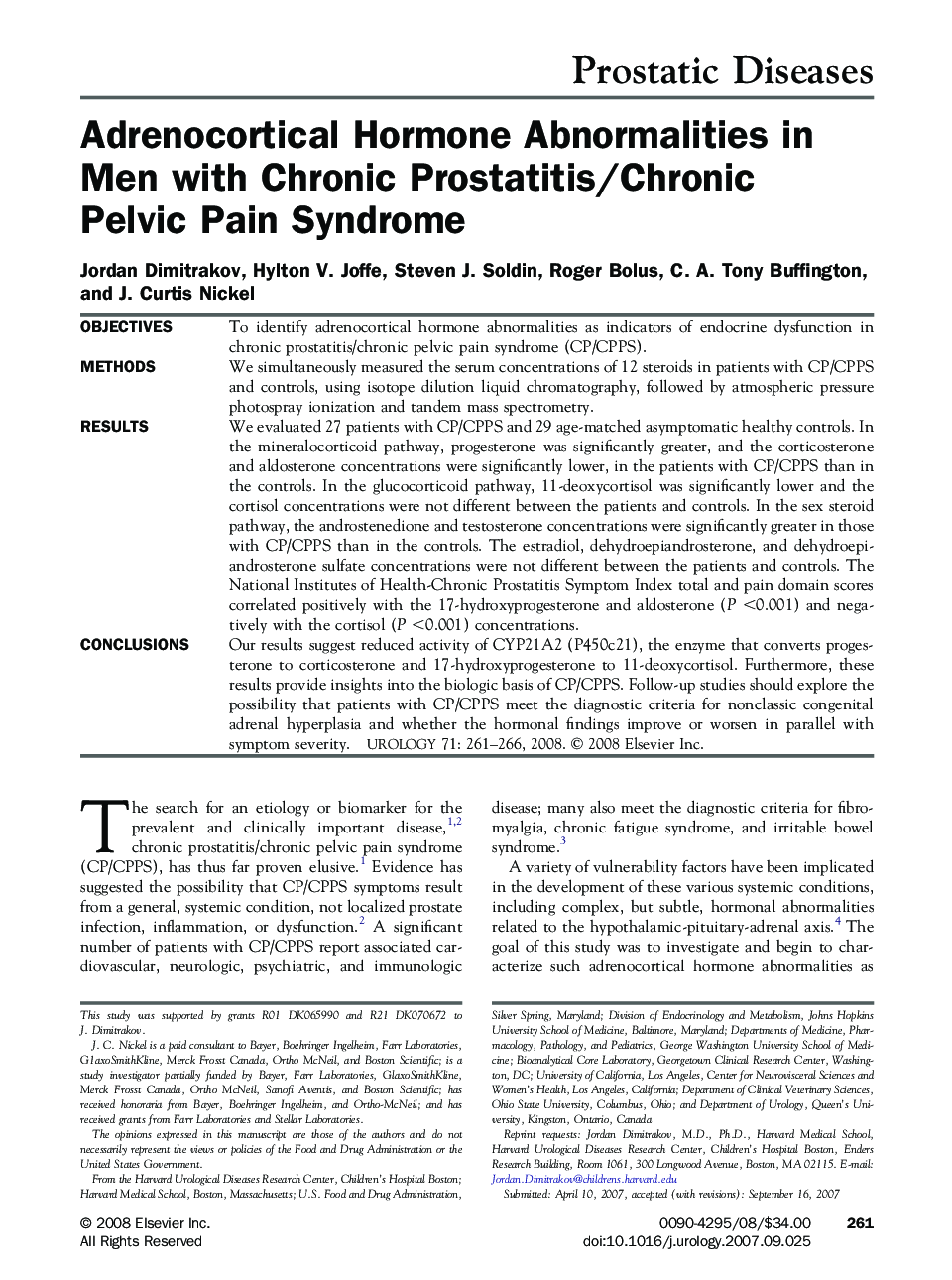 Adrenocortical Hormone Abnormalities in Men with Chronic Prostatitis/Chronic Pelvic Pain Syndrome 