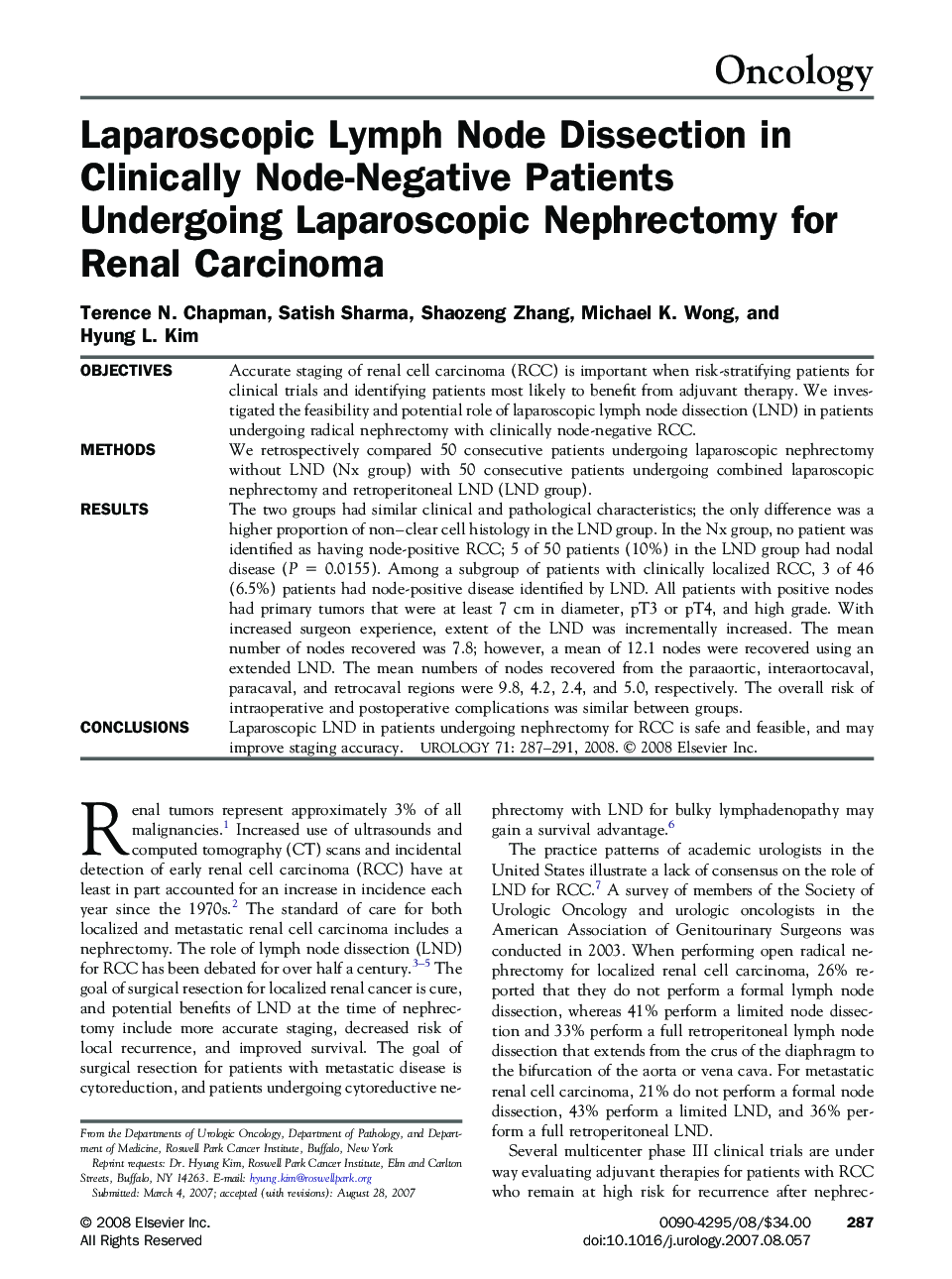 Laparoscopic Lymph Node Dissection in Clinically Node-Negative Patients Undergoing Laparoscopic Nephrectomy for Renal Carcinoma