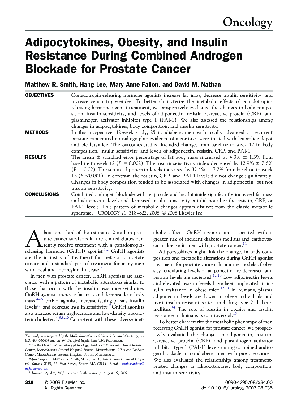 Adipocytokines, Obesity, and Insulin Resistance During Combined Androgen Blockade for Prostate Cancer 