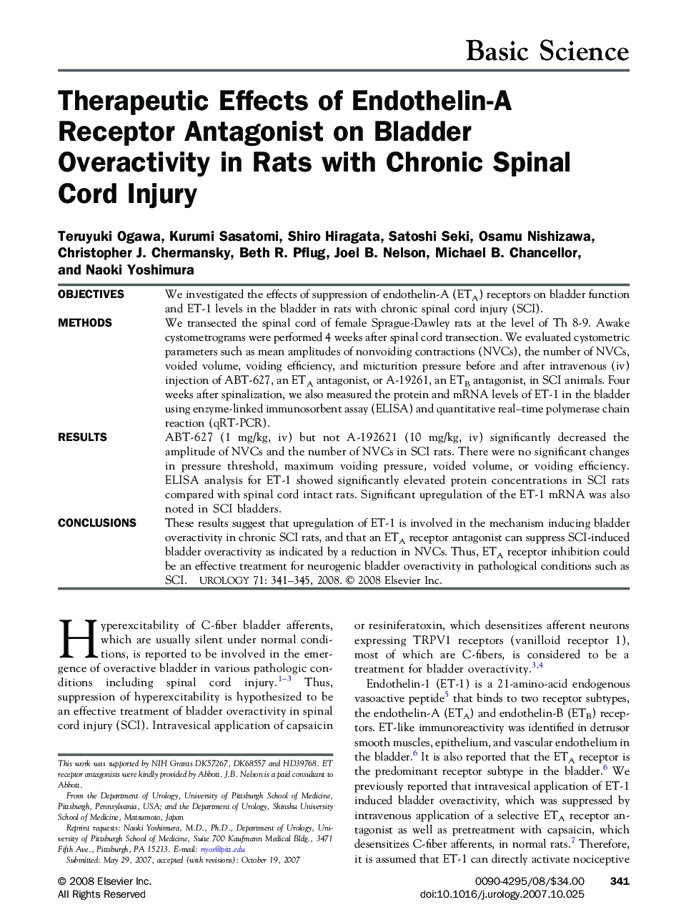 Therapeutic Effects of Endothelin-A Receptor Antagonist on Bladder Overactivity in Rats with Chronic Spinal Cord Injury 