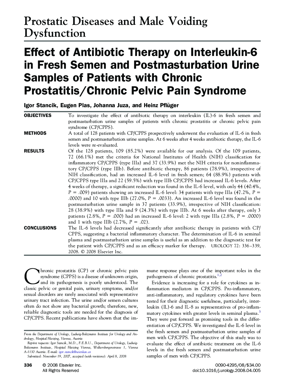 Effect of Antibiotic Therapy on Interleukin-6 in Fresh Semen and Postmasturbation Urine Samples of Patients with Chronic Prostatitis/Chronic Pelvic Pain Syndrome