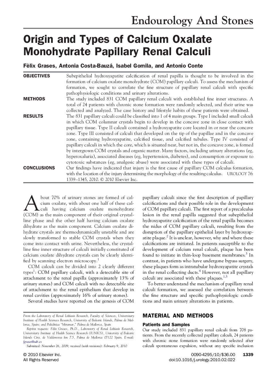 Origin and Types of Calcium Oxalate Monohydrate Papillary Renal Calculi