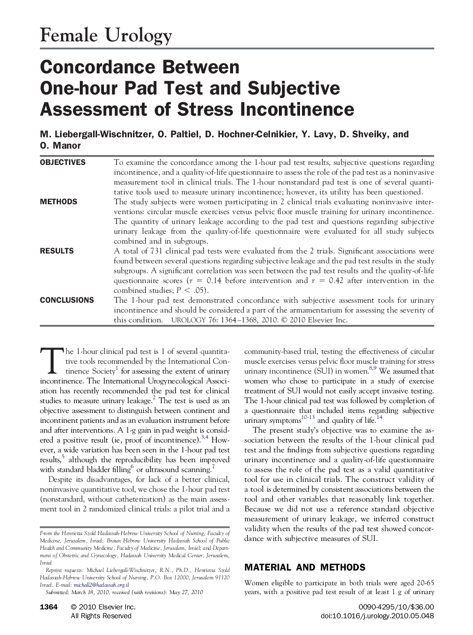 Concordance Between One-hour Pad Test and Subjective Assessment of Stress Incontinence