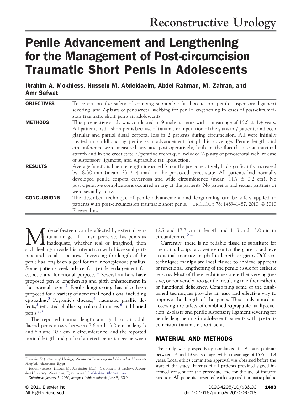 Penile Advancement and Lengthening for the Management of Post-circumcision Traumatic Short Penis in Adolescents