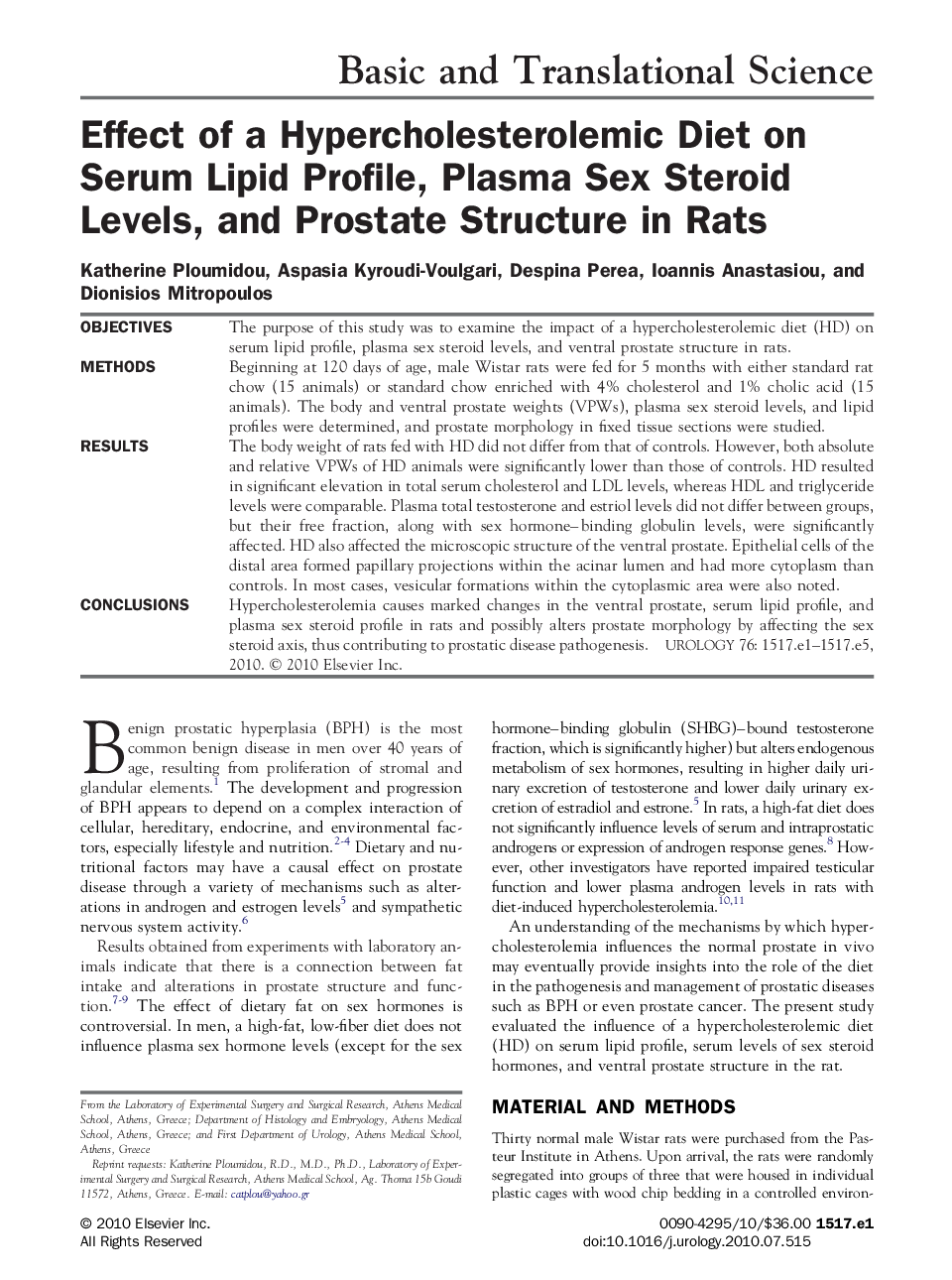 Effect of a Hypercholesterolemic Diet on Serum Lipid Profile, Plasma Sex Steroid Levels, and Prostate Structure in Rats