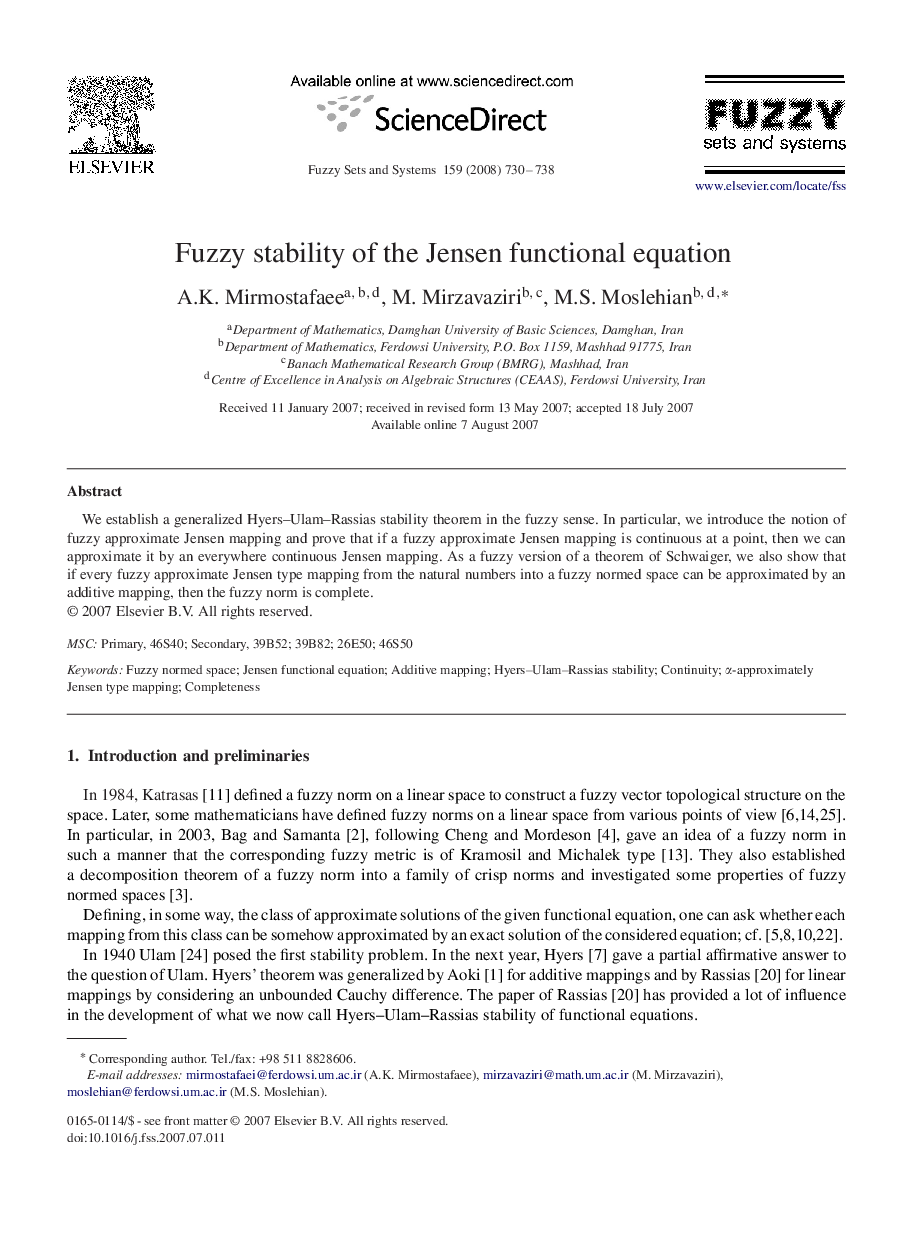 Fuzzy stability of the Jensen functional equation