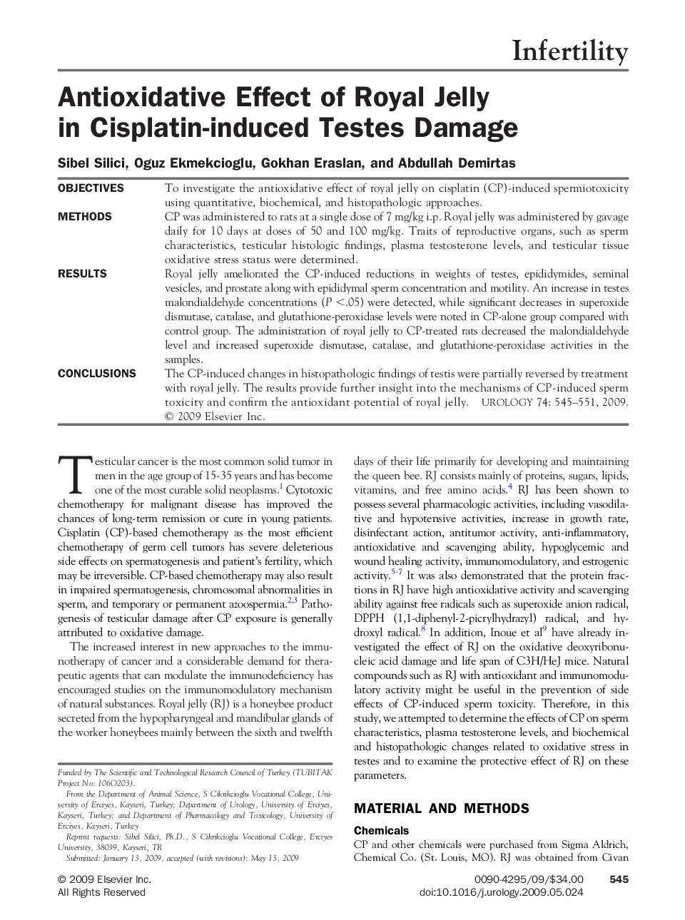 Antioxidative Effect of Royal Jelly in Cisplatin-induced Testes Damage 