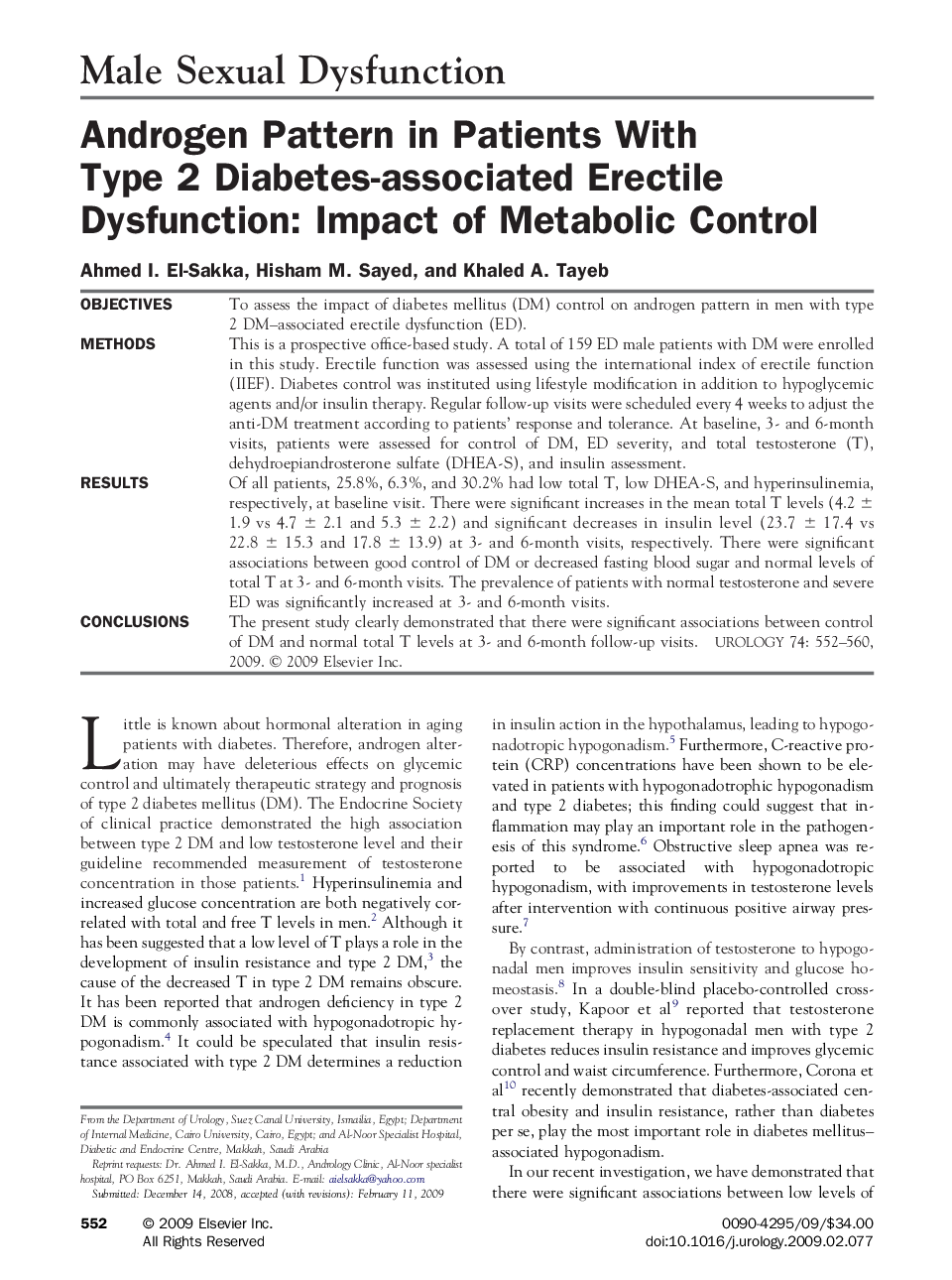 Androgen Pattern in Patients With Type 2 Diabetes-associated Erectile Dysfunction: Impact of Metabolic Control