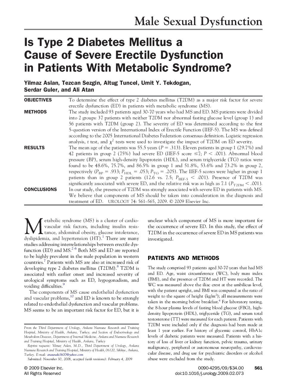 Is Type 2 Diabetes Mellitus a Cause of Severe Erectile Dysfunction in Patients With Metabolic Syndrome?