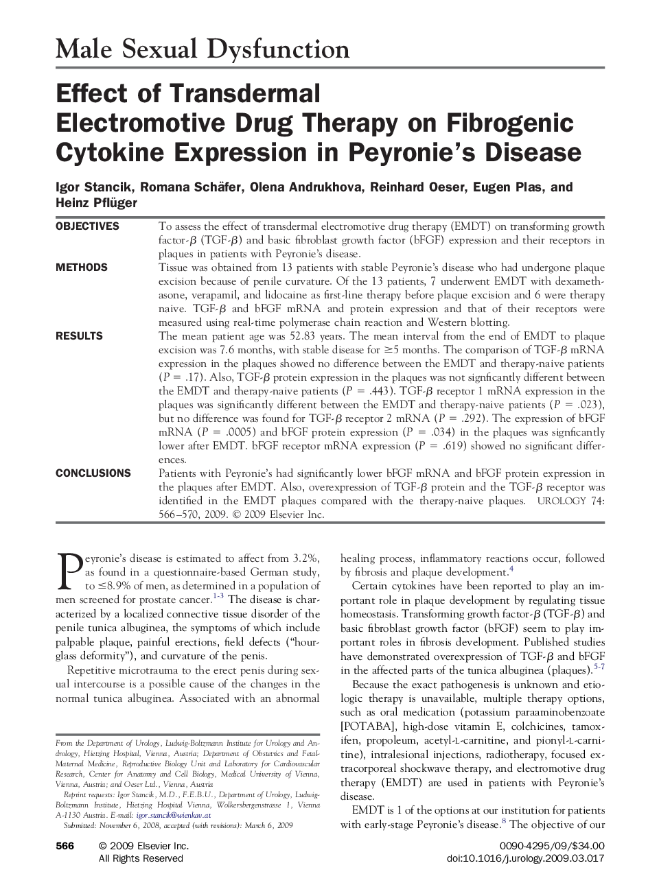 Effect of Transdermal Electromotive Drug Therapy on Fibrogenic Cytokine Expression in Peyronie's Disease