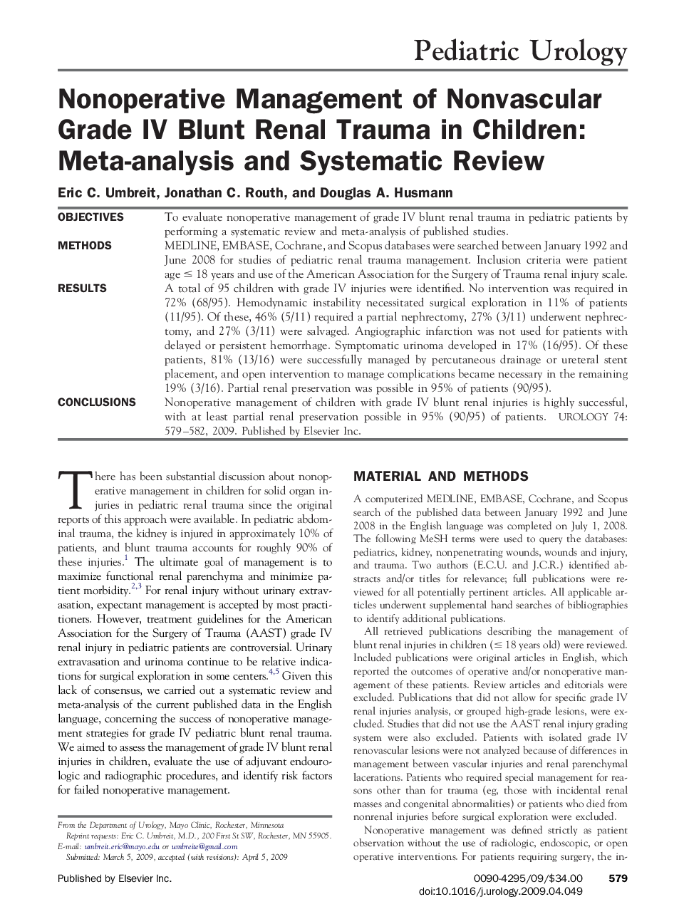 Nonoperative Management of Nonvascular Grade IV Blunt Renal Trauma in Children: Meta-analysis and Systematic Review