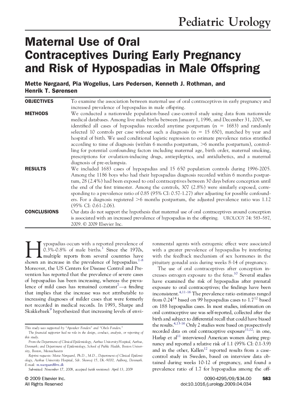 Maternal Use of Oral Contraceptives During Early Pregnancy and Risk of Hypospadias in Male Offspring 