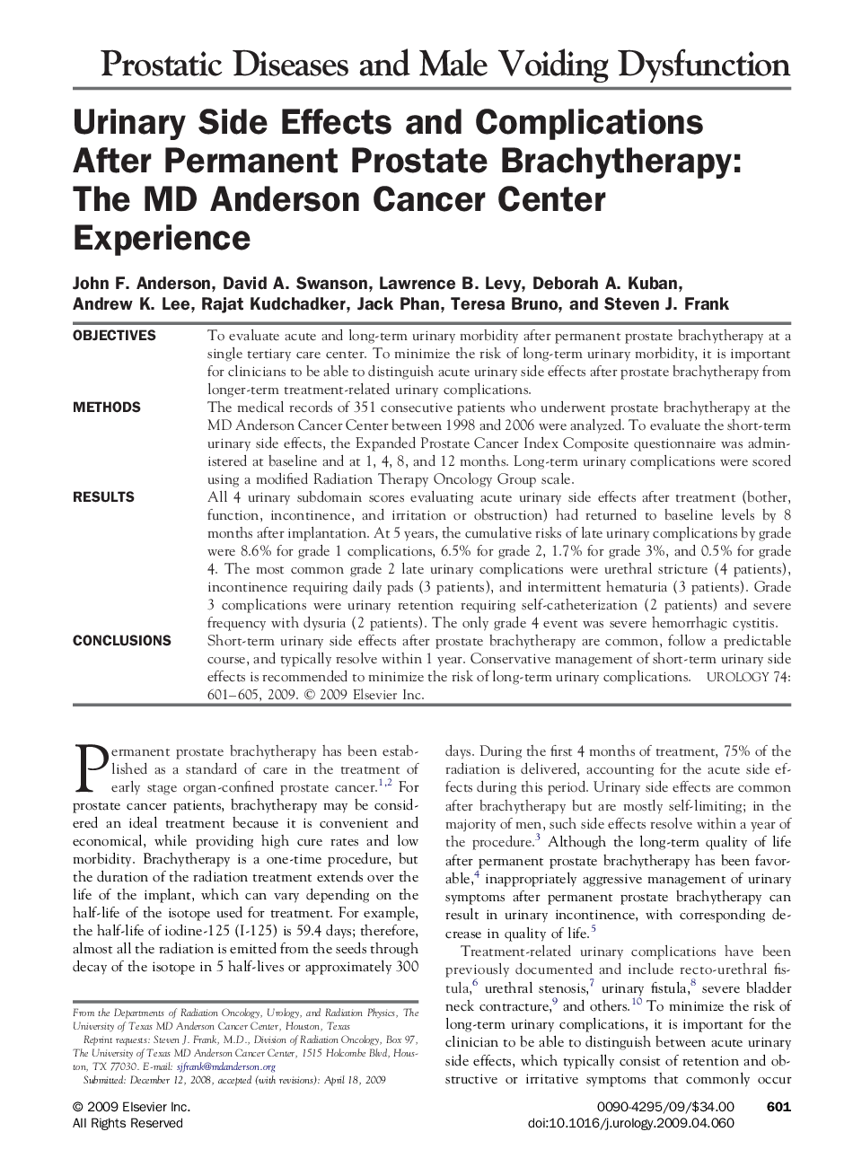 Urinary Side Effects and Complications After Permanent Prostate Brachytherapy: The MD Anderson Cancer Center Experience