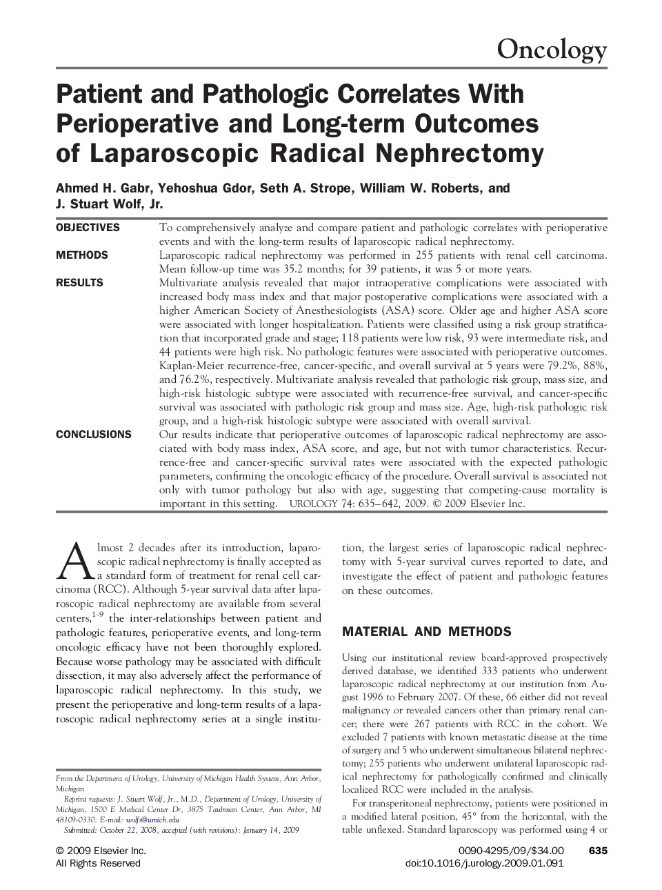 Patient and Pathologic Correlates With Perioperative and Long-term Outcomes of Laparoscopic Radical Nephrectomy