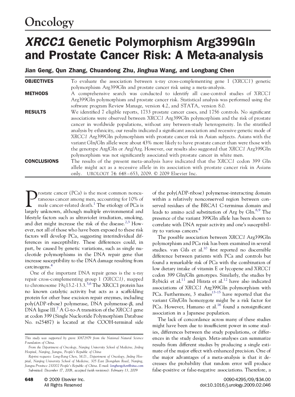 XRCC1 Genetic Polymorphism Arg399Gln and Prostate Cancer Risk: A Meta-analysis 