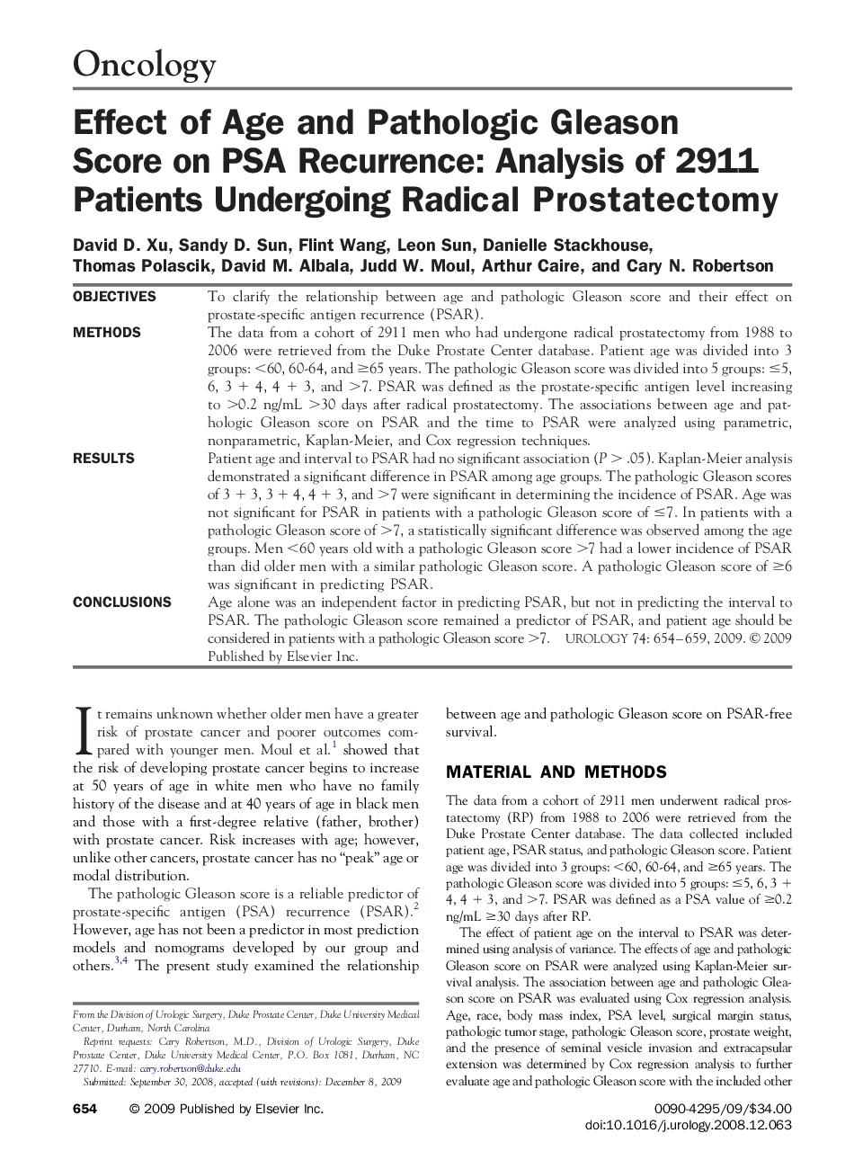 Effect of Age and Pathologic Gleason Score on PSA Recurrence: Analysis of 2911 Patients Undergoing Radical Prostatectomy