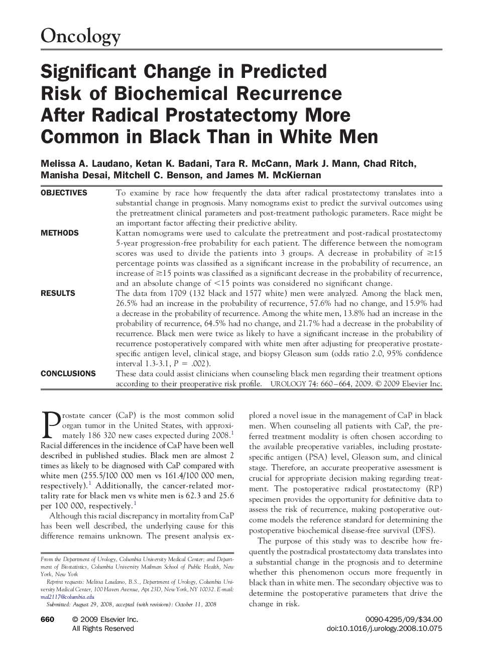 Significant Change in Predicted Risk of Biochemical Recurrence After Radical Prostatectomy More Common in Black Than in White Men